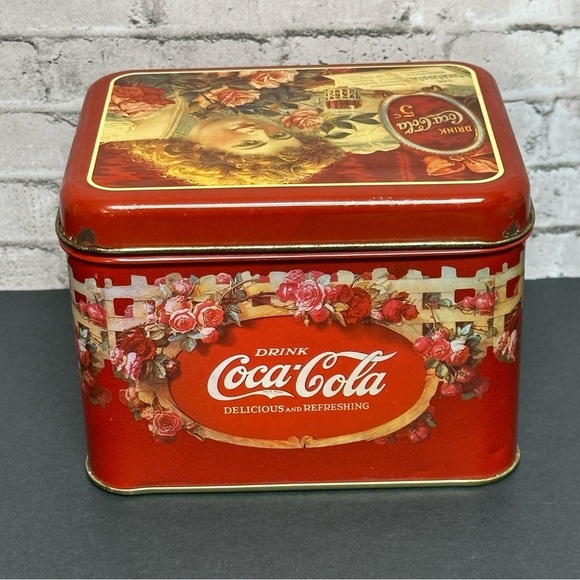 Coca-Cola Coke Vintage 6 in. Square Tin Decor Woman Floral Logo - Picture 4 of 13